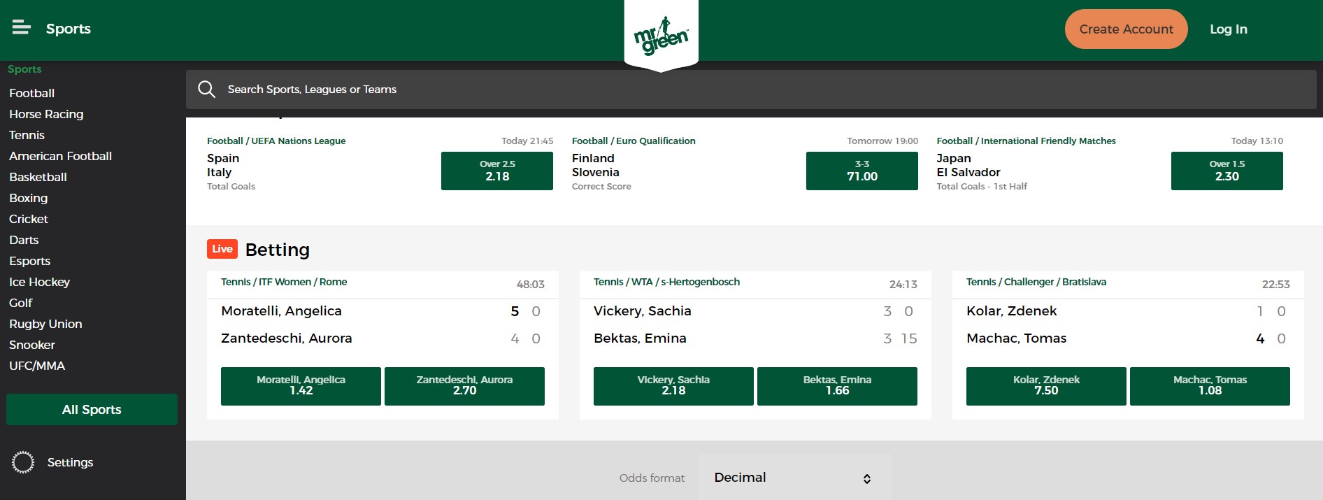 Preveiw of Mr. Green sport betting