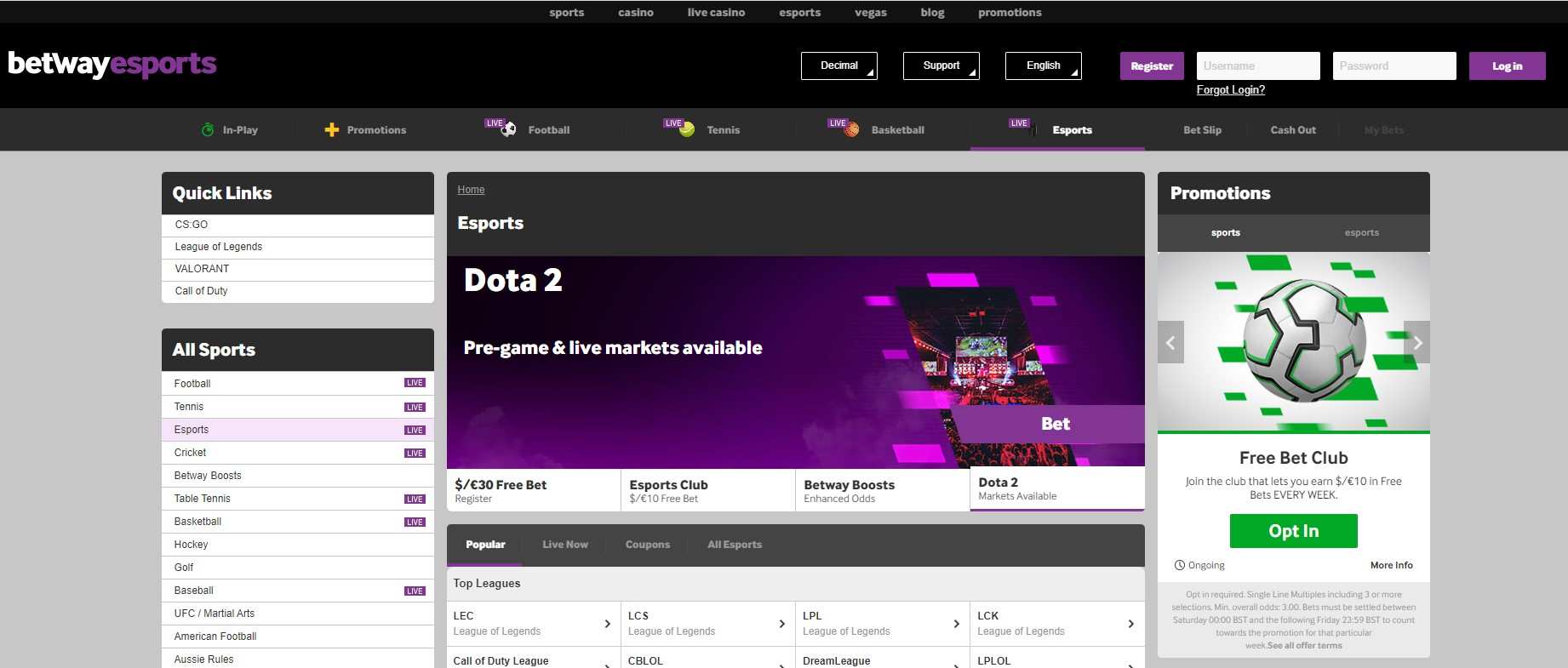 Preview of Betway eSport betting