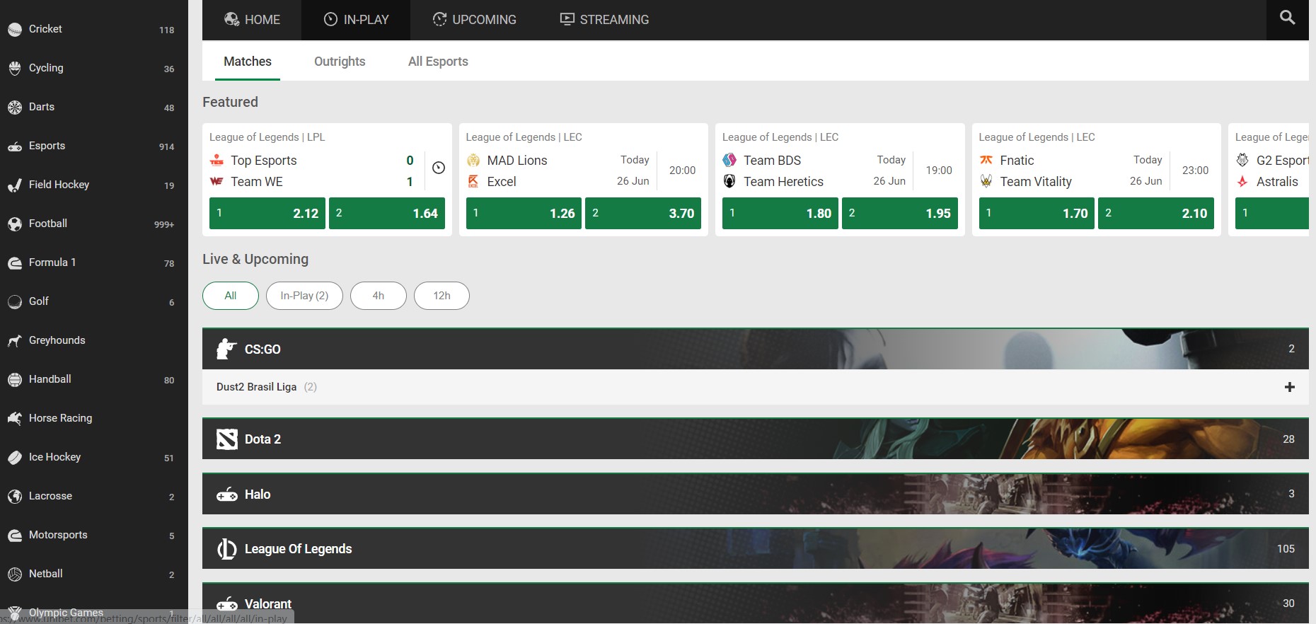 Preview of Unibet eSport betting