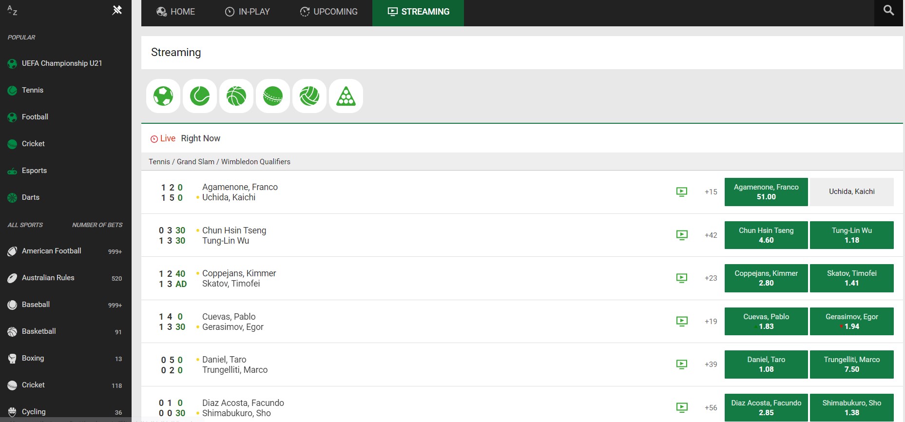 Preview of Unibet streaming